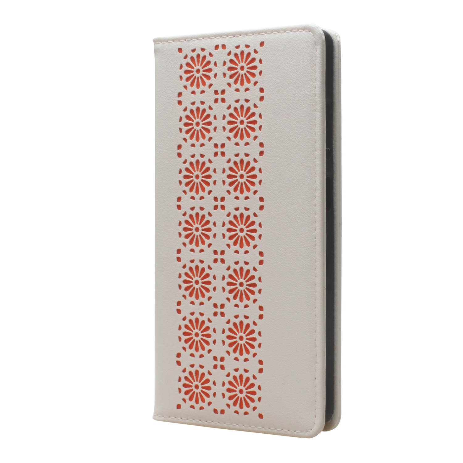 Floral cut‑out leather case with elegant layered detailing, Contrasting color floral pattern showing refined craftsmanship, Phone case in foldable stand mode for hands‑free viewing, Interior card slots for essential daily card storage, Slim wallet‑style l