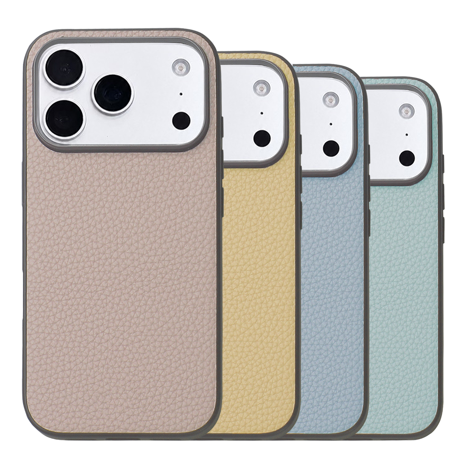Triwood Tech premium PU leather texture iPhone case with soft TPU edges in pink, beige, yellow, purple, olive and light blue
