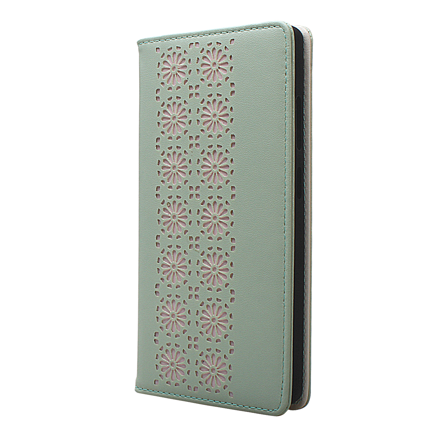 Floral cut‑out leather case with elegant layered detailing, Contrasting color floral pattern showing refined craftsmanship, Phone case in foldable stand mode for hands‑free viewing, Interior card slots for essential daily card storage, Slim wallet‑style l