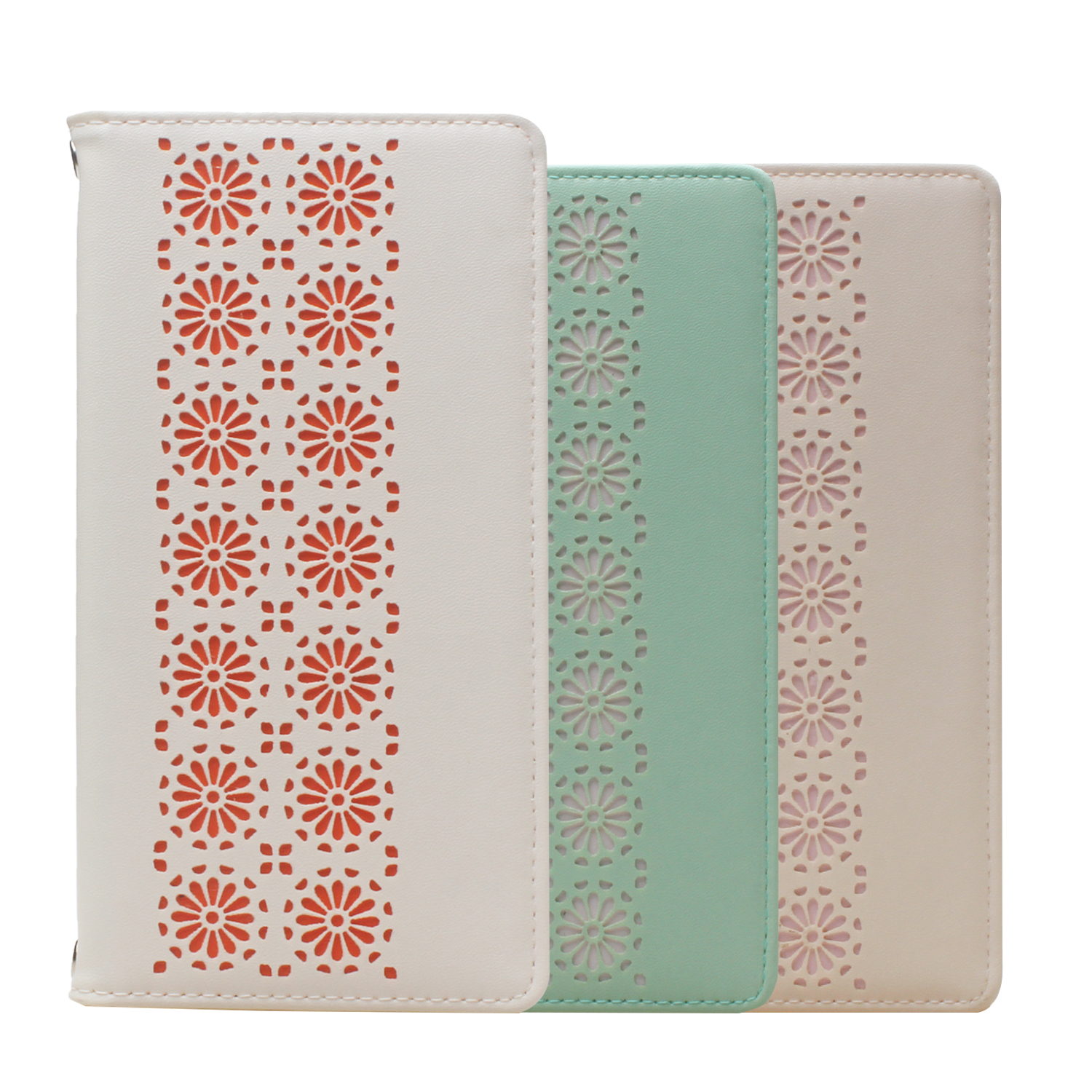 Floral cut‑out leather case with elegant layered detailing, Contrasting color floral pattern showing refined craftsmanship, Phone case in foldable stand mode for hands‑free viewing, Interior card slots for essential daily card storage, Slim wallet‑style l