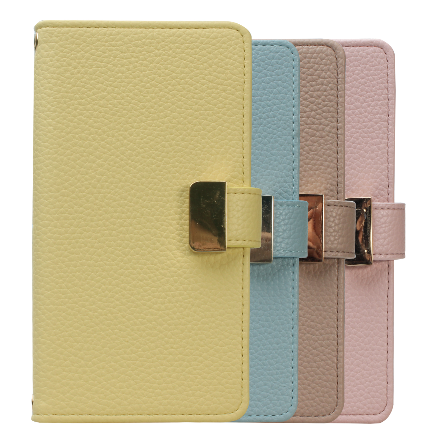 Interior folio with precision card slots for credit cards, IDs, and business cards, Folio case in kickstand mode offering a stable hands‑free viewing angle, Metallic buckle and magnetic closure securing the folio and stored cards, Shock‑absorbing bumper a