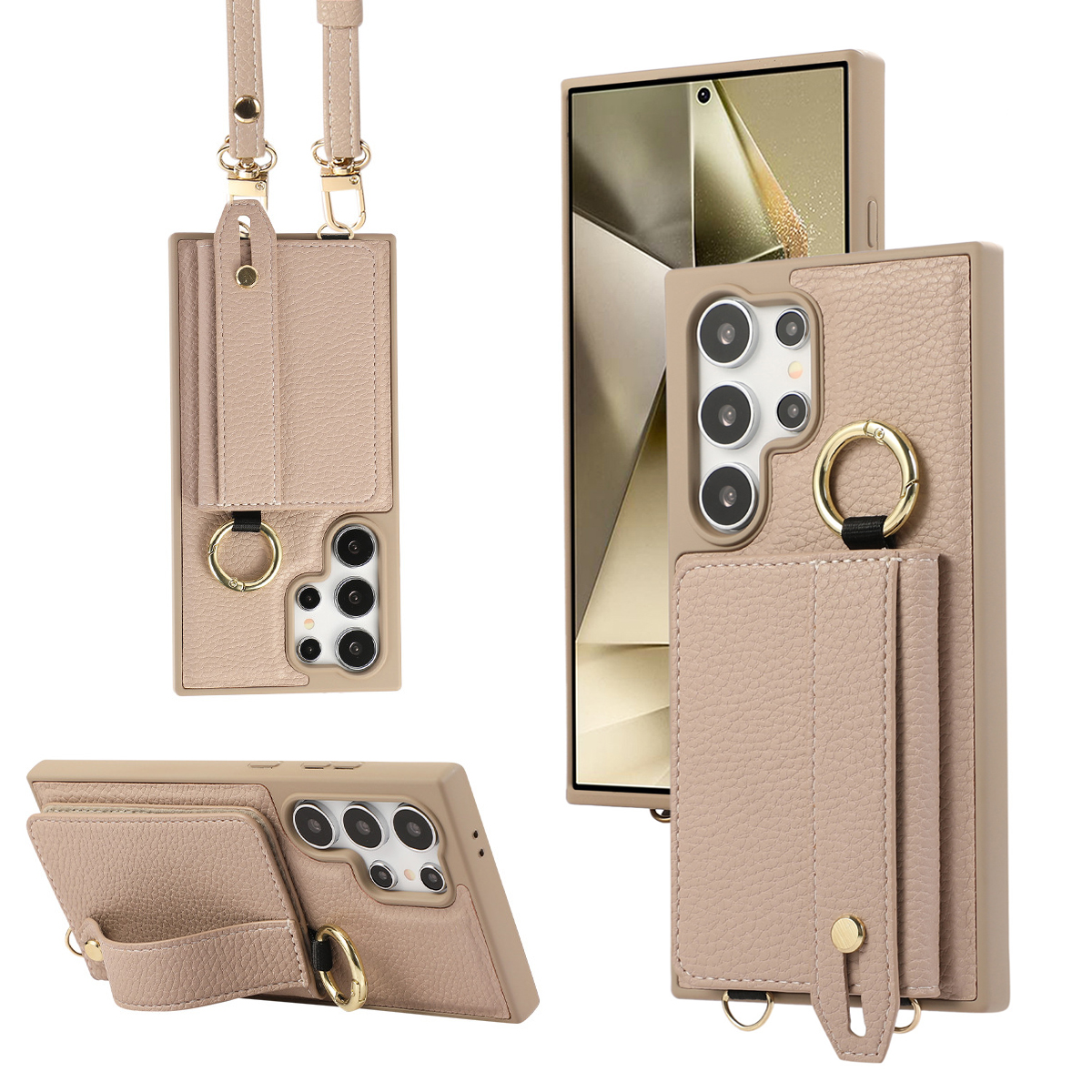 PU and genuine leather phone case with integrated card holder, ring grip, and crossbody strap by Triwood Tech, Leather phone case with rear card pocket and detachable adjustable lanyard, Phone case with card holder and metal ring grip for secure handling,