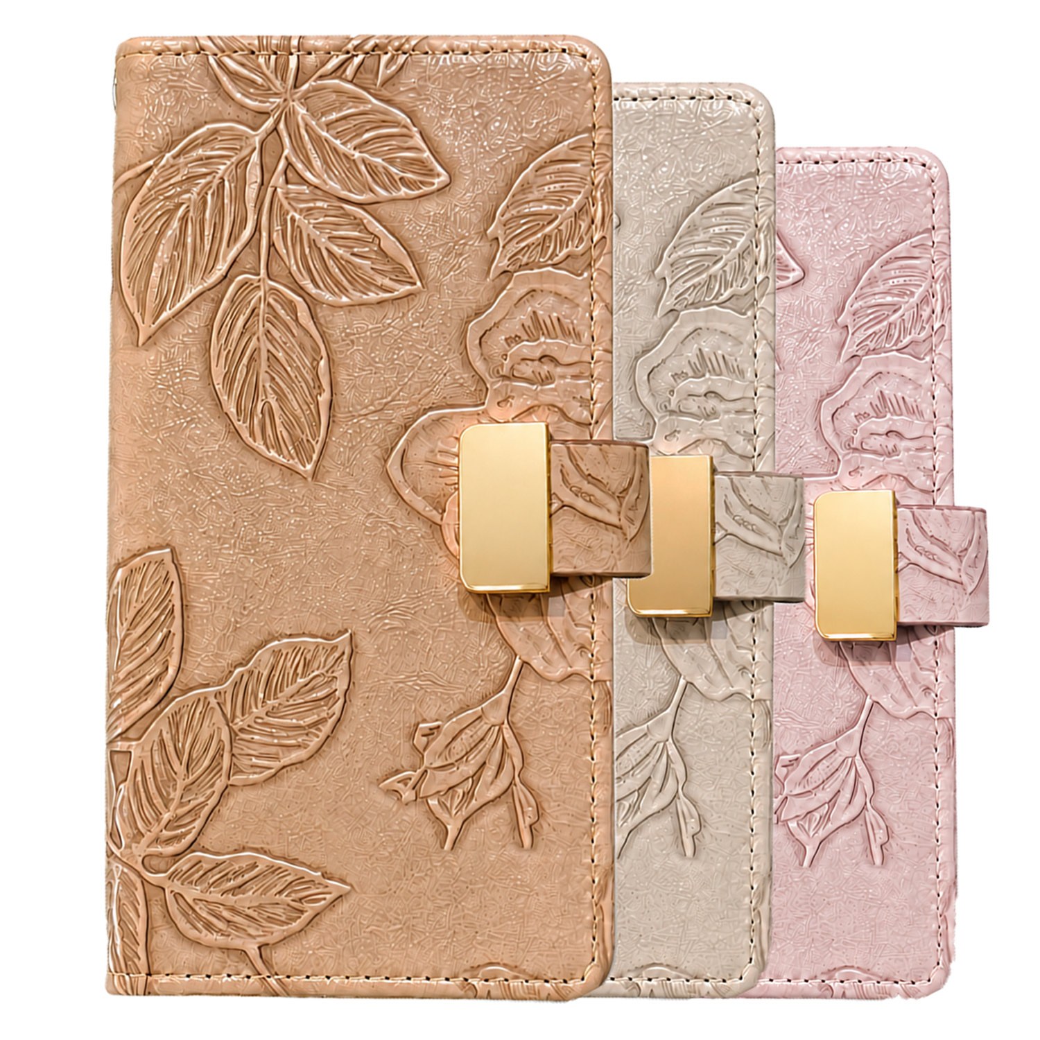 Embossed floral folio phone cases displayed on a soft fabric background with metallic clasp design. Beige floral embossed wallet phone case with card slots holding metallic cards and a smartphone inside. embossed leather phone case showing the magnetic cl