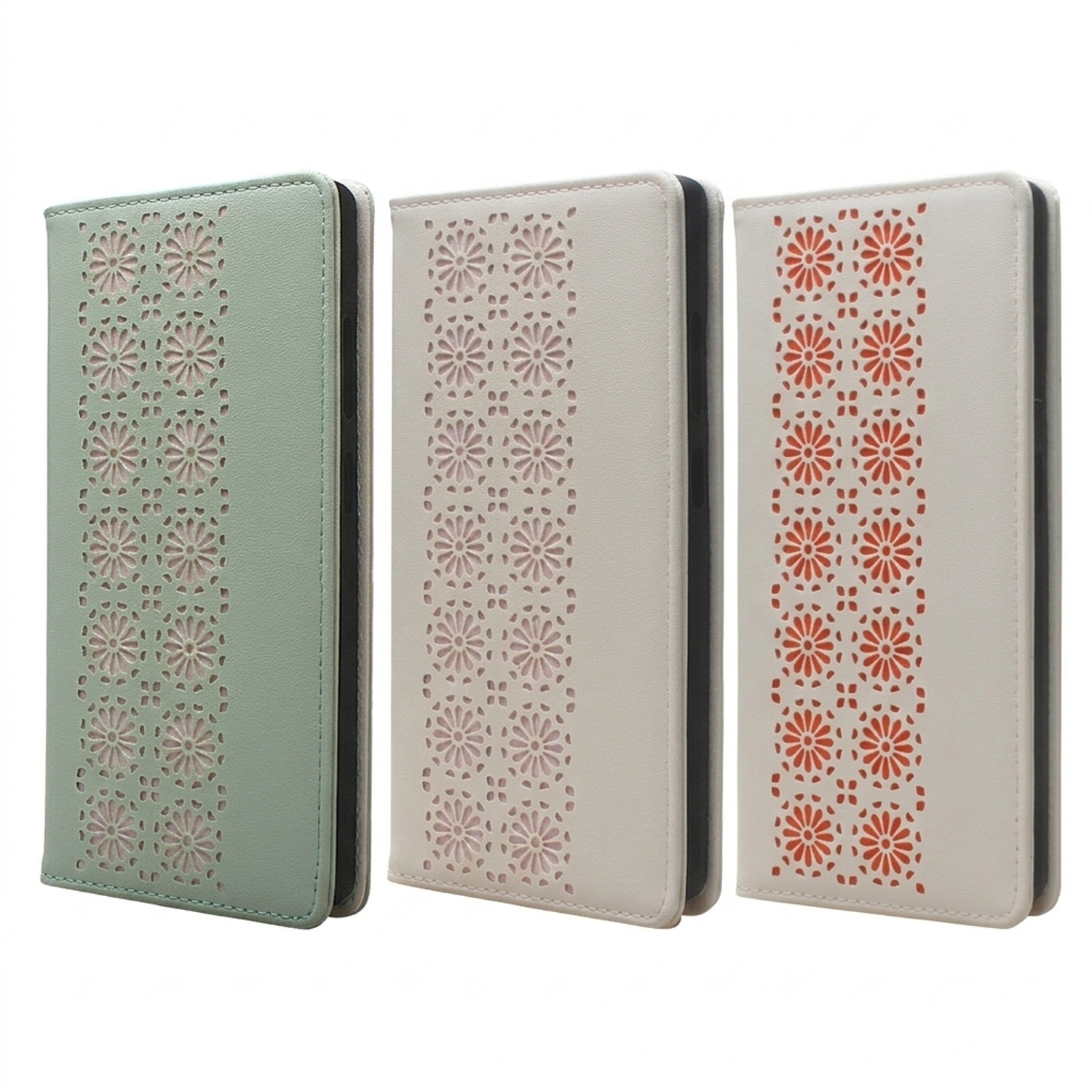 Floral cut‑out leather case with elegant layered detailing, Contrasting color floral pattern showing refined craftsmanship, Phone case in foldable stand mode for hands‑free viewing, Interior card slots for essential daily card storage, Slim wallet‑style l