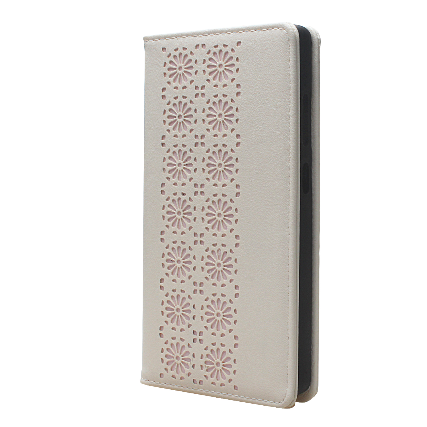 Floral cut‑out leather case with elegant layered detailing, Contrasting color floral pattern showing refined craftsmanship, Phone case in foldable stand mode for hands‑free viewing, Interior card slots for essential daily card storage, Slim wallet‑style l