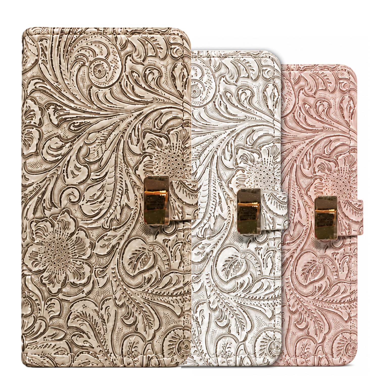 Three embossed vintage floral leather phone cases in cream, pink, and taupe with decorative clasp design, Embossed leather phone case used as a multi‑angle stand for hands‑free viewing.